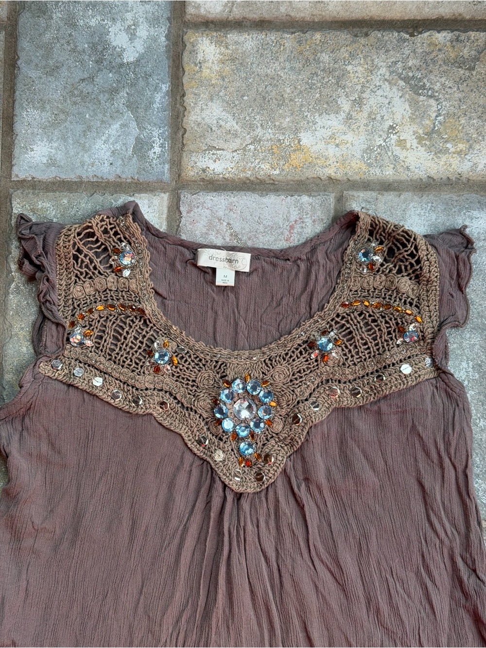 Y2K top with beaded crochet neckline